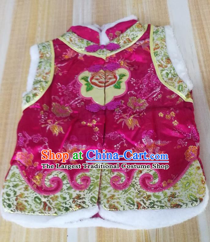 Chinese Tang Suit Rosy Brocade Vest Ethnic Girl Costume Mongol Nationality Folk Dance Clothing Traditional Children Mongolian Waistcoat