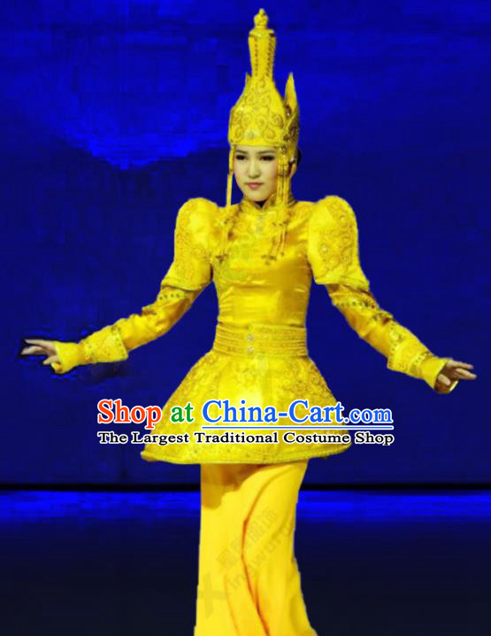 Chinese Traditional Ethnic Concert Performance Yellow Dress Outfits Mongolian Minority Folk Dance Apparels Mongol Nationality Woman Clothing