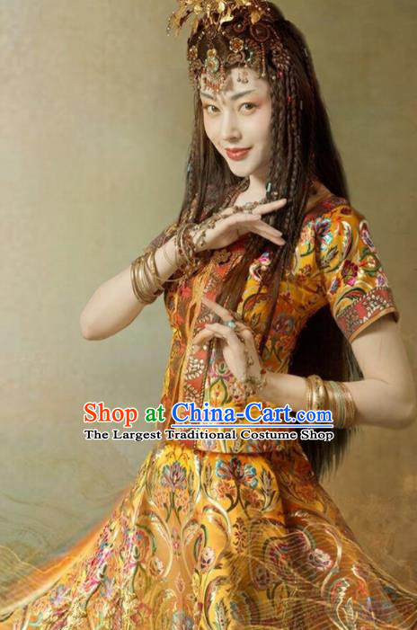 Chinese Traditional Xinjiang Ethnic Stage Performance Dress Outfits Uighur Minority Dance Apparels Uyghur Nationality Woman Dance Clothing