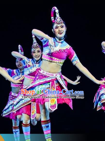 Chinese Hani Nationality Woman Clothing Traditional Ethnic Stage Performance Rosy Dress Outfits She Minority Dance Apparels