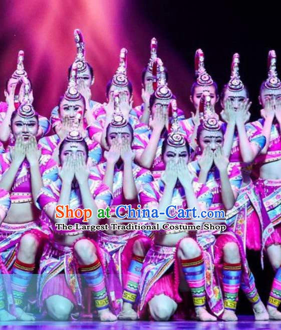 Chinese Hani Nationality Woman Clothing Traditional Ethnic Stage Performance Rosy Dress Outfits She Minority Dance Apparels