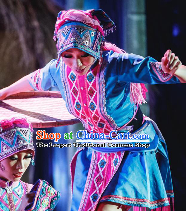 Chinese Traditional Ethnic Stage Performance Blue Dress Outfits Li Minority Dance Apparels Yao Nationality Woman Clothing