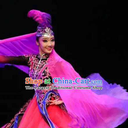 Chinese Uyghur Nationality Woman Dance Clothing Traditional Xinjiang Ethnic Stage Performance Rosy Dress Outfits Uighur Minority Dance Apparels