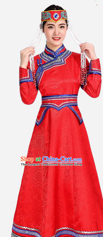 China Ethnic Red Brocade Dress Mongol Minority Fashion Woman Folk Dance Clothing Mongolian Nationality Performance Costume
