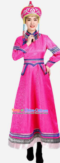 China Mongolian Nationality Performance Costume Ethnic Rosy Brocade Dress Mongol Minority Fashion Woman Folk Dance Clothing