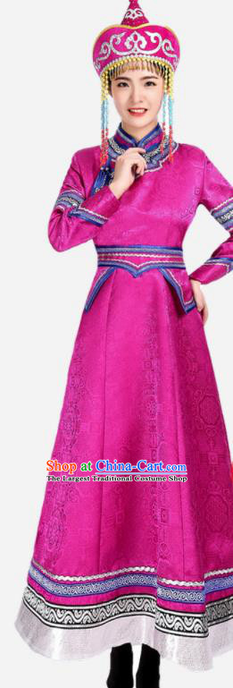 China Mongol Minority Dance Fashion Folk Dance Clothing Mongolian Nationality Woman Informal Costume Ethnic Performance Purple Brocade Dress