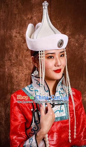 China Handmade Ethnic Bride Tassel White Hat Mongolian Nationality Festival Headdress Mongol Nationality Wedding Headwear