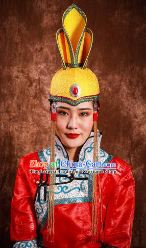 China Mongolian Nationality Performance Headdress Mongol Nationality Festival Headwear Handmade Ethnic Wedding Bride Yellow Hat