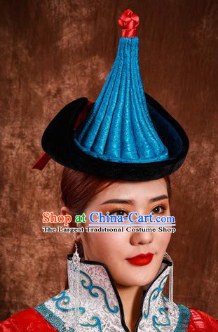 China Mongol Nationality Folk Dance Headwear Handmade Ethnic Woman Winter Blue Hat Mongolian Nationality Performance Headdress