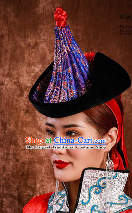 China Handmade Ethnic Woman Winter Royalblue Hat Mongolian Nationality Performance Headdress Mongol Nationality Folk Dance Headwear