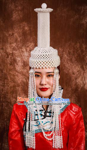 China Handmade Ethnic Woman White Beads Hat Mongolian Nationality Bride Headdress Mongol Nationality Folk Dance Hair Accessories