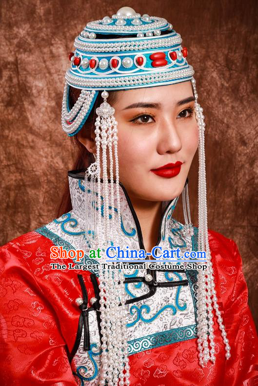 China Mongolian Nationality Bride Headband Mongol Nationality Folk Dance Hair Accessories Handmade Ethnic Woman Beads Tassel Blue Hat
