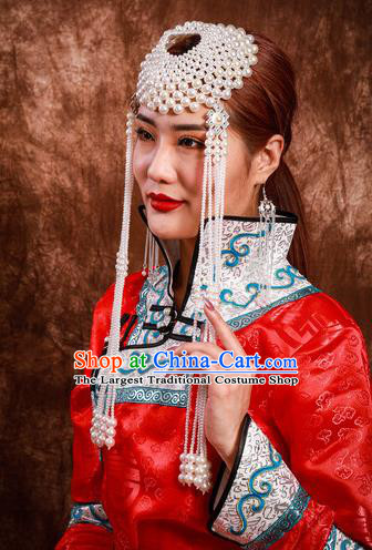 China Handmade Ethnic Woman Beads Tassel Hat Mongolian Nationality Bride Hair Crown Mongol Nationality Folk Dance Hair Accessories