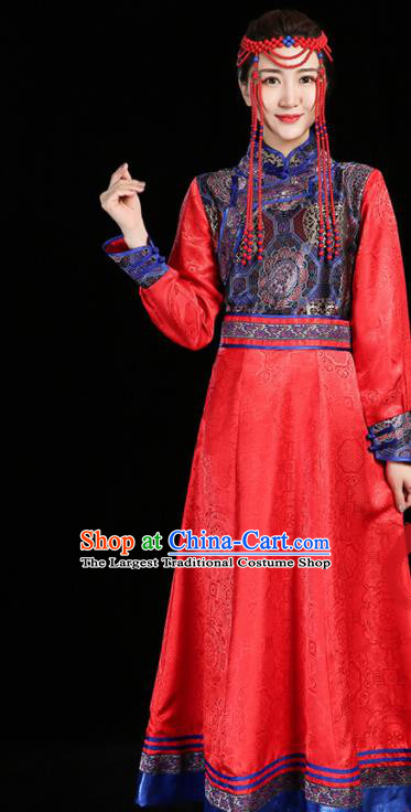 China Ethnic Dance Performance Red Dress Mongol Minority Compere Fashion Folk Dance Clothing Mongolian Nationality Woman Informal Costume