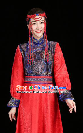 China Ethnic Dance Performance Red Dress Mongol Minority Compere Fashion Folk Dance Clothing Mongolian Nationality Woman Informal Costume
