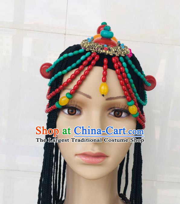 China Zang Nationality Folk Dance Hair Accessories Tibetan Minority Wedding Braids Hairpieces Xizang Ethnic Festival Headdress