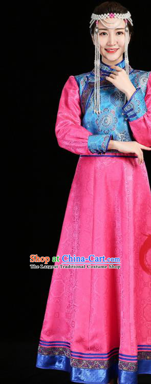 China Mongolian Nationality Informal Costume Ethnic Pink Brocade Dress Mongol Minority Woman Dance Fashion Stage Performance Clothing