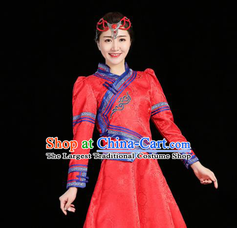 China Ethnic Folk Dance Red Dress Mongol Minority Fashion Mongolian Performance Clothing Moggol Nationality Female Informal Costume