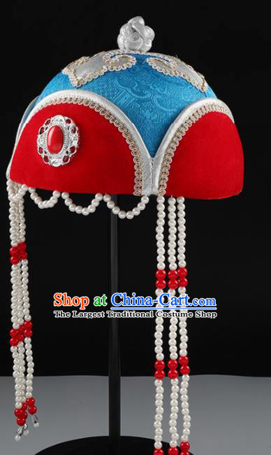 China Mongolian Nationality Headwear Mongol Nationality Girl Performance Hair Accessories Handmade Ethnic Children Dance Blue Hat