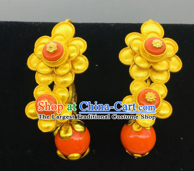 Chinese Zang Minority Wedding Ear Jewelry Classical Dance Golden Ear Accessories Traditional Tibetan Nationality Festival Earrings