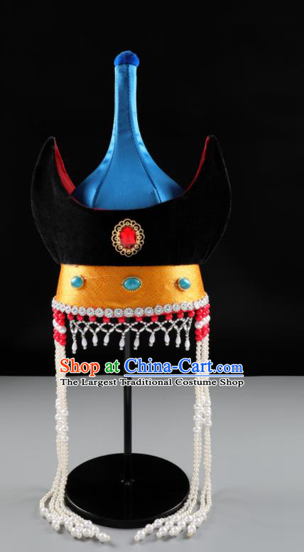 China Mongolian Nationality Female Hair Accessories Mongol Nationality Performance Headwear Handmade Ethnic Festival Blue Satin Bull Horn Hat