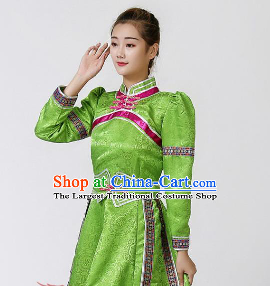 China Mongolian Performance Clothing Moggol Nationality Ceremony Costume Ethnic Folk Dance Green Dress Mongol Minority Female Outfits