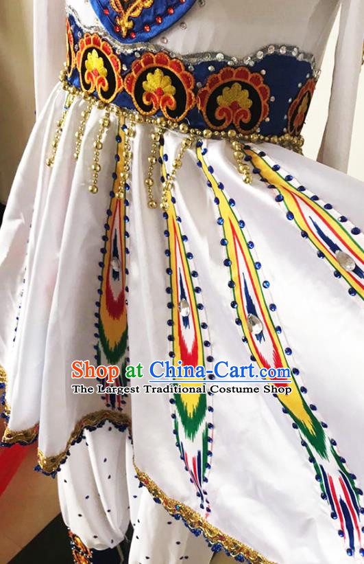 Chinese Xinjiang Ethnic Girl Dance Costumes Uyghur Nationality Stage Performance White Dress Outfits Uighur Minority Folk Dance Clothing