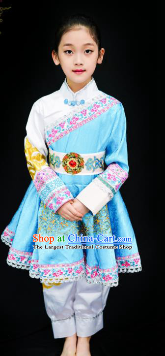 Chinese Ethnic Girl Dance Costumes Mongolian Nationality Stage Performance Blue Dress Outfits Mongol Minority Children Dance Clothing