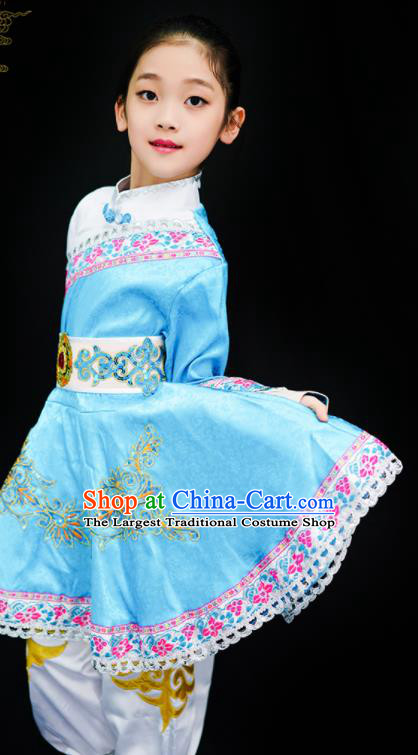 Chinese Ethnic Girl Dance Costumes Mongolian Nationality Stage Performance Blue Dress Outfits Mongol Minority Children Dance Clothing
