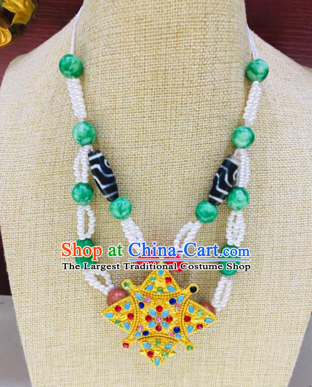 Chinese Traditional Tibetan Nationality Festival Jade Pendant Zang Minority Wedding Necklace Jewelry Folk Dance Necklet Accessories