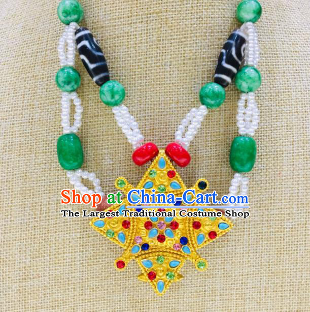 Chinese Traditional Tibetan Nationality Festival Jade Pendant Zang Minority Wedding Necklace Jewelry Folk Dance Necklet Accessories