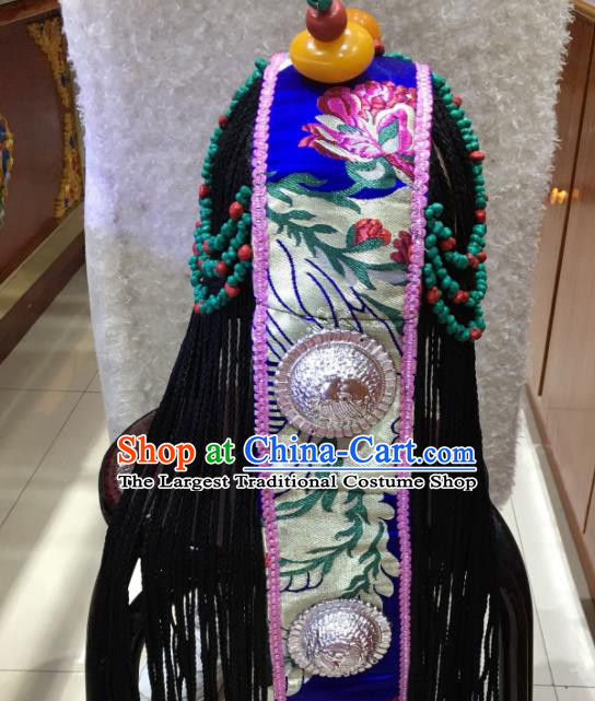 China Tibetan Minority Bride Braids Hairpieces Xizang Ethnic Festival Performance Headdress Zang Nationality Wedding Hair Accessories