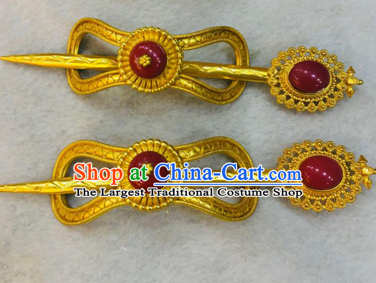 China Zang Nationality Dance Hair Accessories Tibetan Minority Bride Golden Hair Crown Xizang Ethnic Festival Performance Headpieces