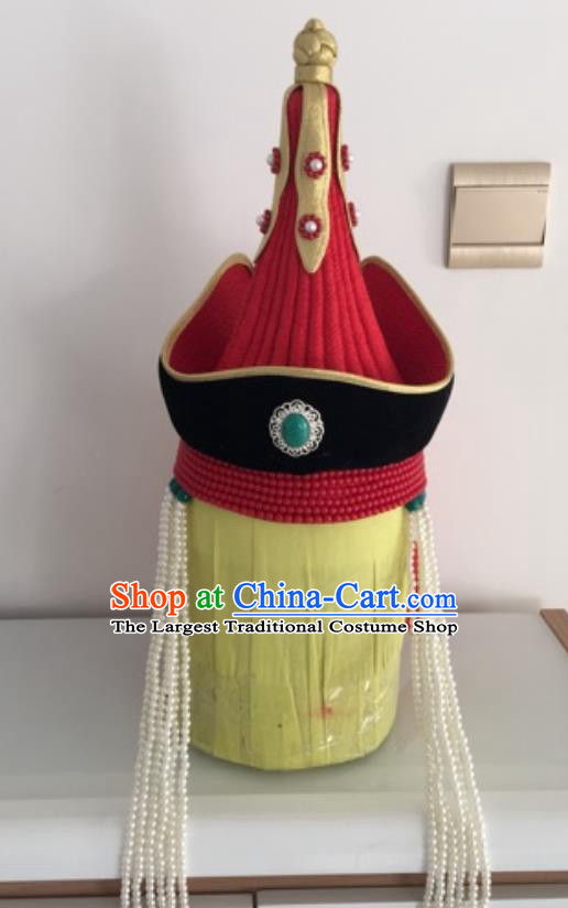 China Mongol Minority Wedding Bride Headdress Handmade Ethnic Woman Red Tassel Hat Mongolian Nationality Dance Headwear