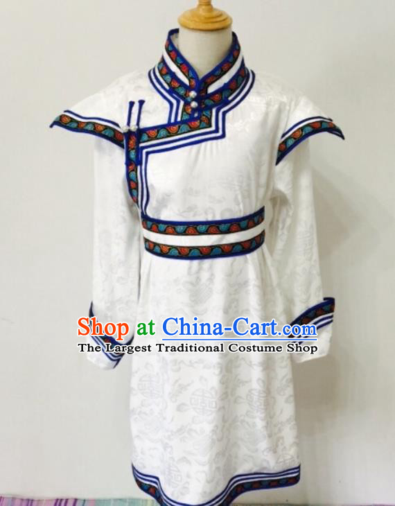 Chinese Mongolian Festival Performance Garment Mongol Nationality Boys White Brocade Robe Ethnic Children Dance Clothing