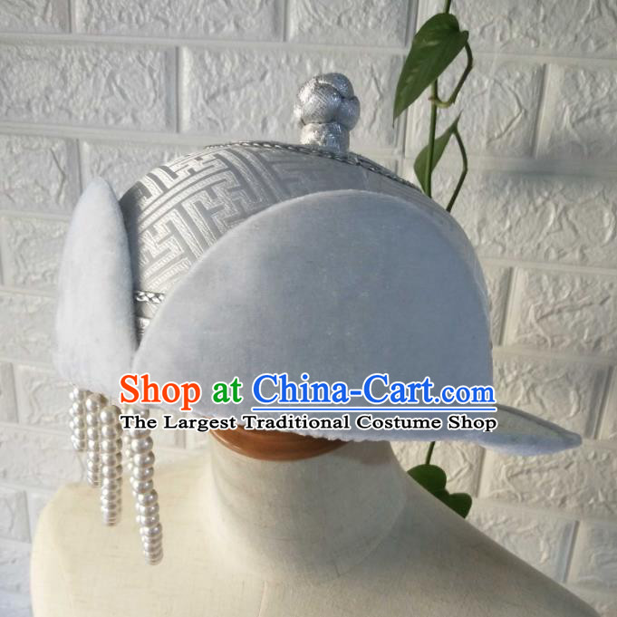China Mongolian Nationality Hair Accessories Mongol Minority Boy Headdress Handmade Ethnic Children Winter White Brocade Hat