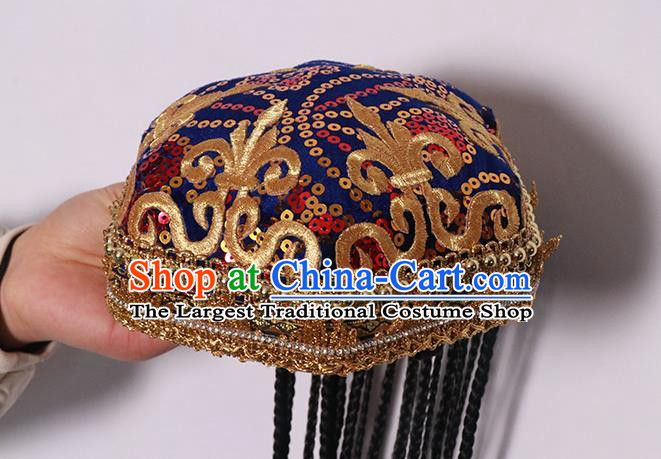 China Xinjiang Ethnic Stage Performance Hair Accessories Uyghur Nationality Woman Dance Headdress Uigurian Minority Royalblue Hat