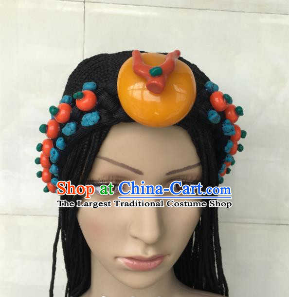 China Zang Nationality Folk Dance Hair Accessories Tibetan Minority Performance Hairpieces Xizang Ethnic Wedding Bride Headdress