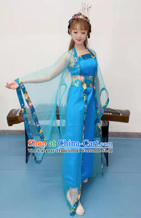 Chinese Tang Dynasty Imperial Consort Hanfu Dress Classical Dance Clothing Ancient Fairy Dance Blue Outfits Stage Performance Garment Costumes