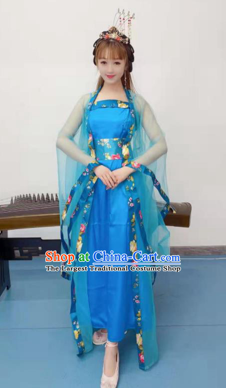 Chinese Tang Dynasty Imperial Consort Hanfu Dress Classical Dance Clothing Ancient Fairy Dance Blue Outfits Stage Performance Garment Costumes
