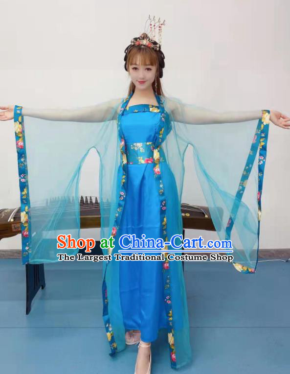 Chinese Tang Dynasty Imperial Consort Hanfu Dress Classical Dance Clothing Ancient Fairy Dance Blue Outfits Stage Performance Garment Costumes