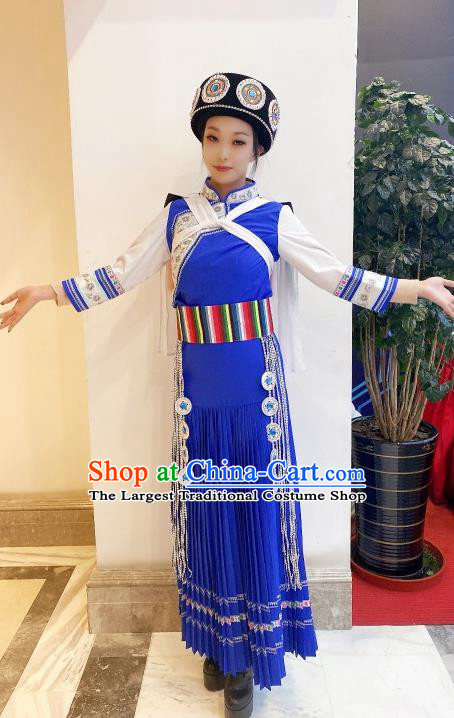 Chinese Yunnan Ethnic Folk Dance Clothing Traditional Naxi Nationality Festival Blue Dress Outfits Nakhi Minority Woman Garment Costumes
