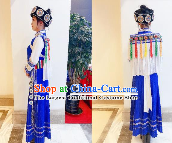 Chinese Yunnan Ethnic Folk Dance Clothing Traditional Naxi Nationality Festival Blue Dress Outfits Nakhi Minority Woman Garment Costumes