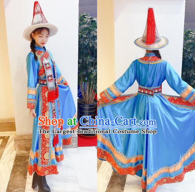 Chinese Traditional Yugu Nationality Woman Blue Dress Outfits Yugur Minority Garment Costumes Sunan Ethnic Folk Dance Clothing