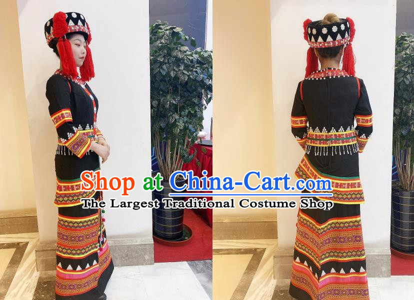 Chinese Ethnic Folk Dance Clothing Traditional Yi Nationality Black Dress Outfits Yunnan Minority Woman Garment Costumes
