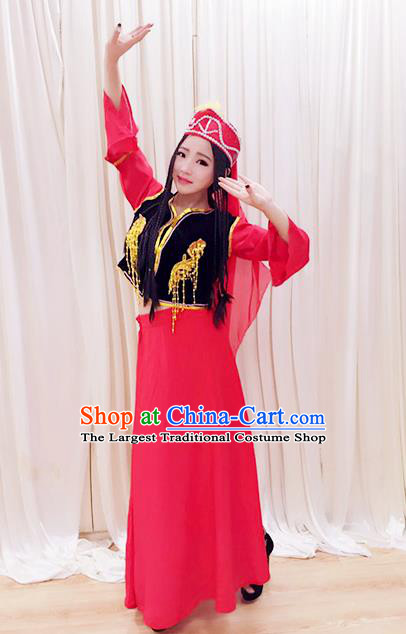 Chinese Uigurian Minority Woman Garment Costumes Xinjiang Ethnic Folk Dance Clothing Traditional Uyghur Nationality Performance Rosy Dress Outfits