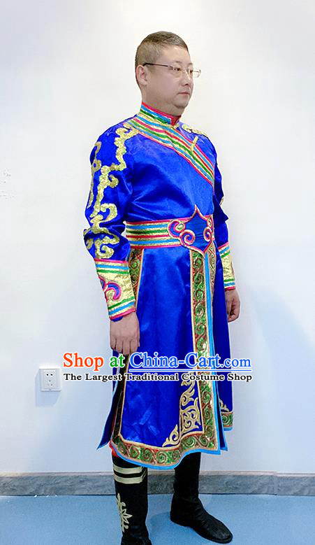 Chinese Ethnic Male Folk Dance Clothing Traditional Mongolian Nationality Performance Royalblue Outfits Mongol Minority Festival Garment Costumes