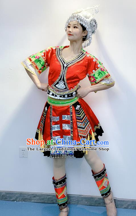 Chinese Miao Minority Festival Garment Costumes Xiangxi Ethnic Folk Dance Clothing Traditional Tujia Nationality Performance Red Dress Outfits