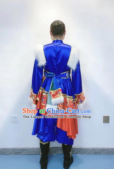 Chinese Traditional Zang Nationality Performance Royalblue Outfits Tibetan Minority Male Festival Garment Costumes Xizang Ethnic Folk Dance Clothing