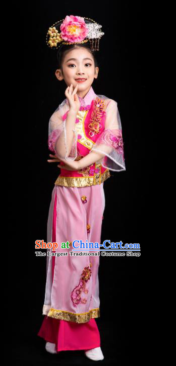 China Ancient Princess Dance Pink Dress Qing Dynasty Children Outfits Girl Performance Clothing Classical Dance Garment Costumes